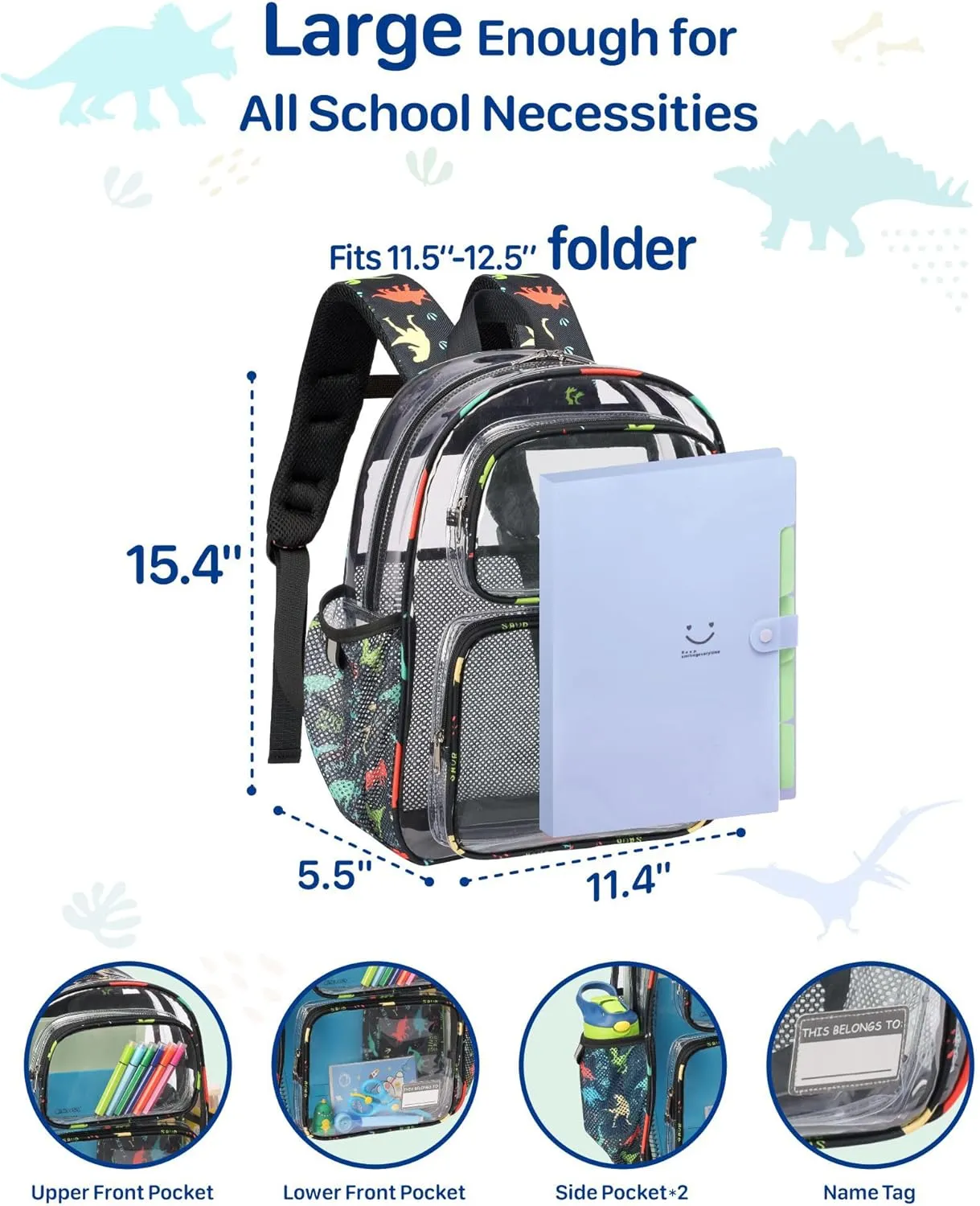 Bagseri Clear Backpack for Boys - 15 Inch Clear Bookbag for Kids Aged 3 to 8 Heavy Duty See Through Backpack for School, Safe with Reflective Strip, Black Dinosaur