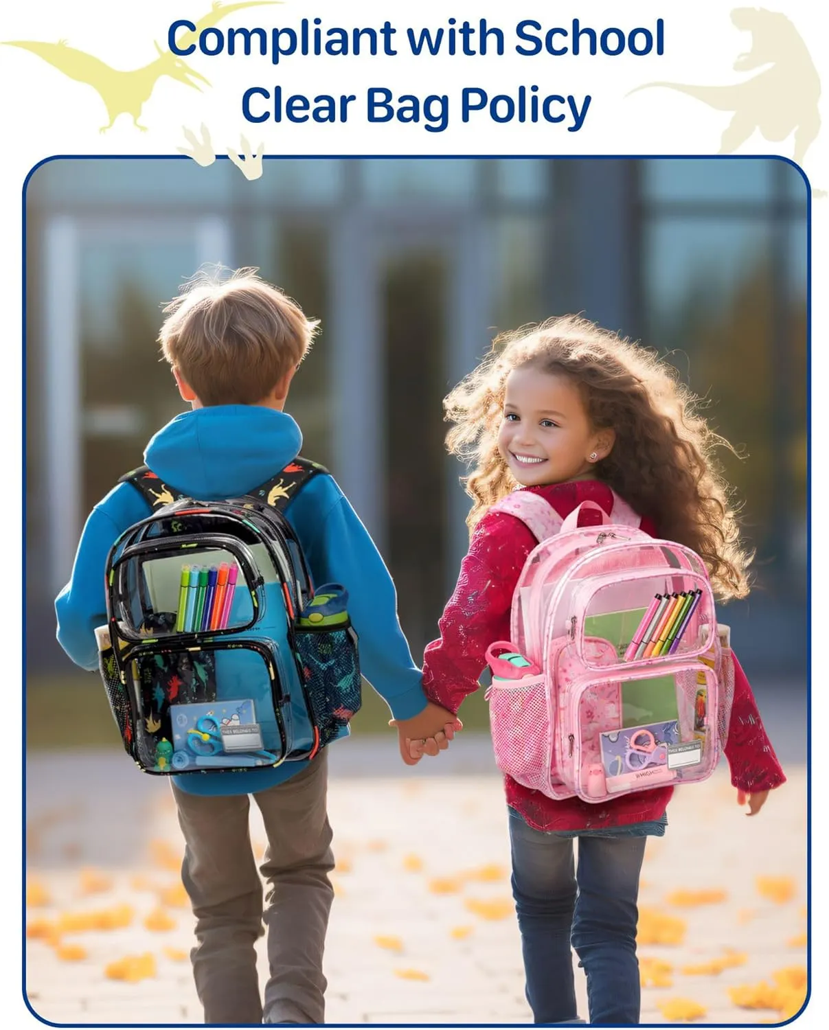 Bagseri Clear Backpack for Boys - 15 Inch Clear Bookbag for Kids Aged 3 to 8 Heavy Duty See Through Backpack for School, Safe with Reflective Strip, Black Dinosaur