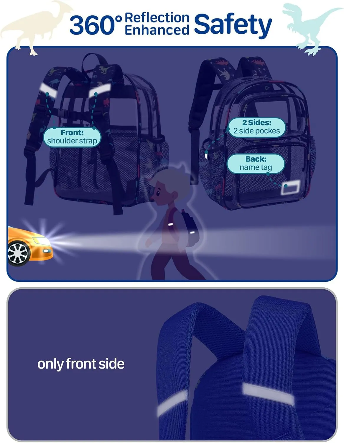 Bagseri Clear Backpack for Boys - 15 Inch Clear Bookbag for Kids Aged 3 to 8 Heavy Duty See Through Backpack for School, Safe with Reflective Strip, Black Dinosaur