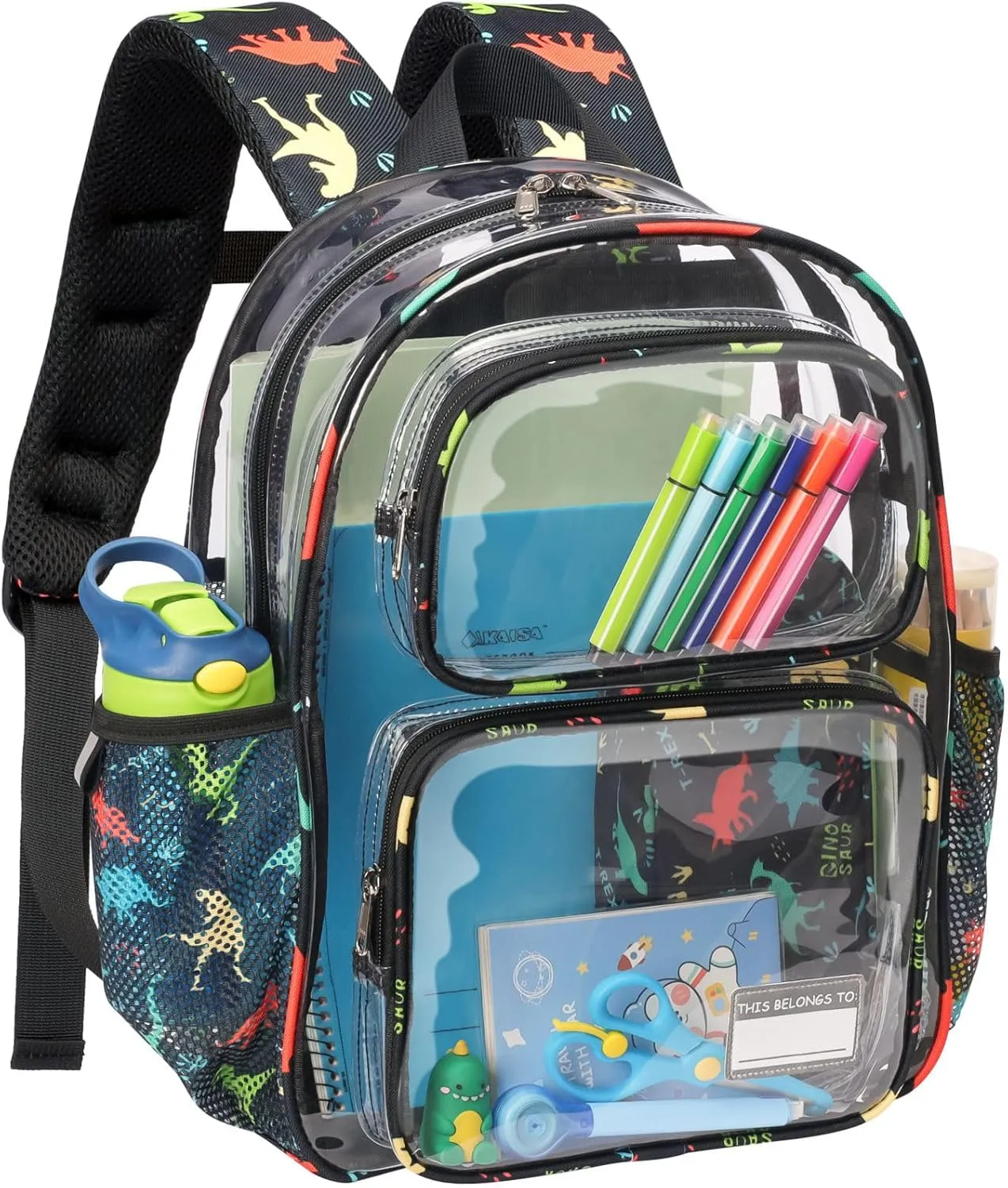 Bagseri Clear Backpack for Boys - 15 Inch Clear Bookbag for Kids Aged 3 to 8 Heavy Duty See Through Backpack for School, Safe with Reflective Strip, Black Dinosaur