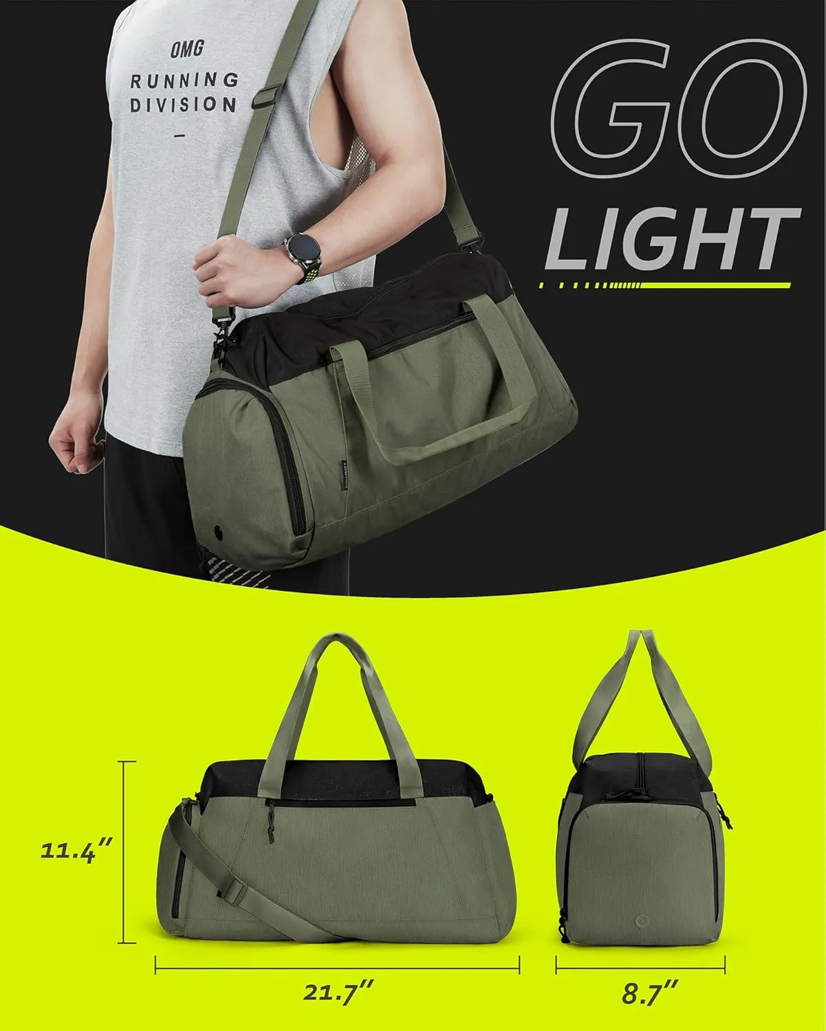 BAGSMART Gym Bags for Men Women, Foldable Travel Duffle Bag, Lightweight Weekender Duffel Bag With Shoe Compartment, Water Resistant Workout Duffle Sports Bag for Travel Yoga, Army Green