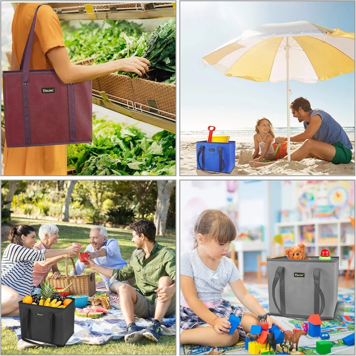 BALEINE 3Pk Reusable Grocery Bags, Foldable Shopping Bags for Groceries with Reinforced Bottom & Handles (Black)