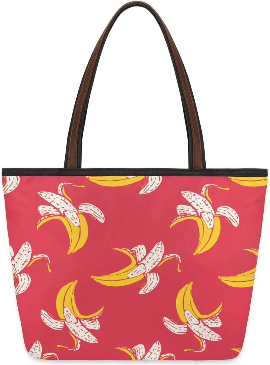 Banana Pattern Tote Bag for Women with Zipper Large Capacity Top Handle Casual Shoulder Bag Handbag Reusable Shopping Grocery Bag for Work Beach Travel