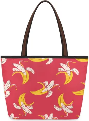 Banana Pattern Tote Bag for Women with Zipper Large Capacity Top Handle Casual Shoulder Bag Handbag Reusable Shopping Grocery Bag for Work Beach Travel