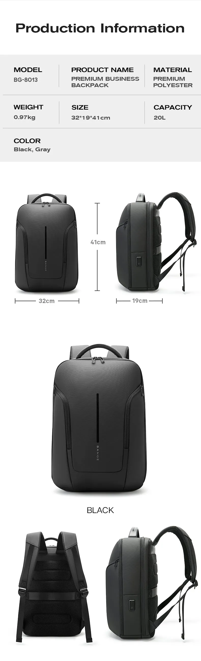 Bange i-Flynnz Water Resistant Hidden Compart Big Capacity Multi Compartment Ultra Light Travel Laptop Backpack (15.6")
