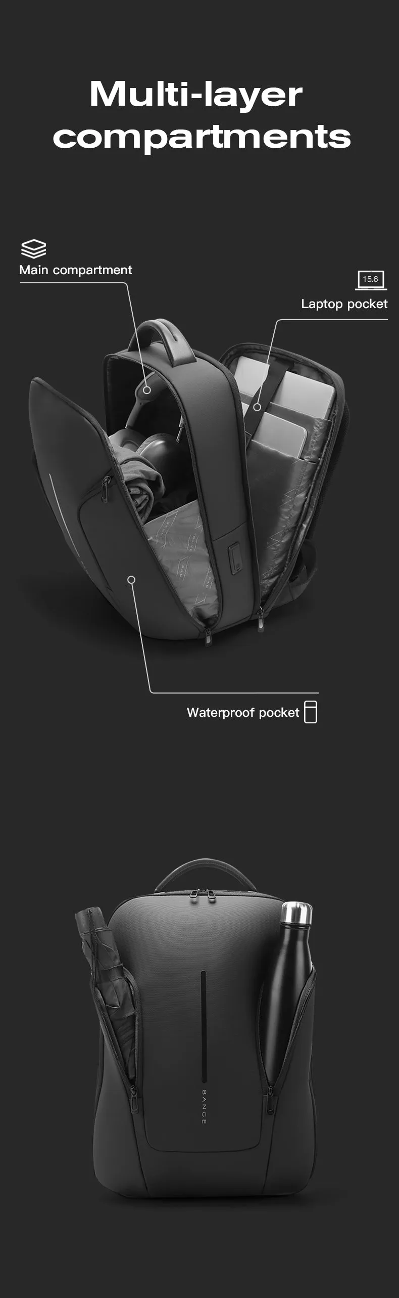 Bange i-Flynnz Water Resistant Hidden Compart Big Capacity Multi Compartment Ultra Light Travel Laptop Backpack (15.6")