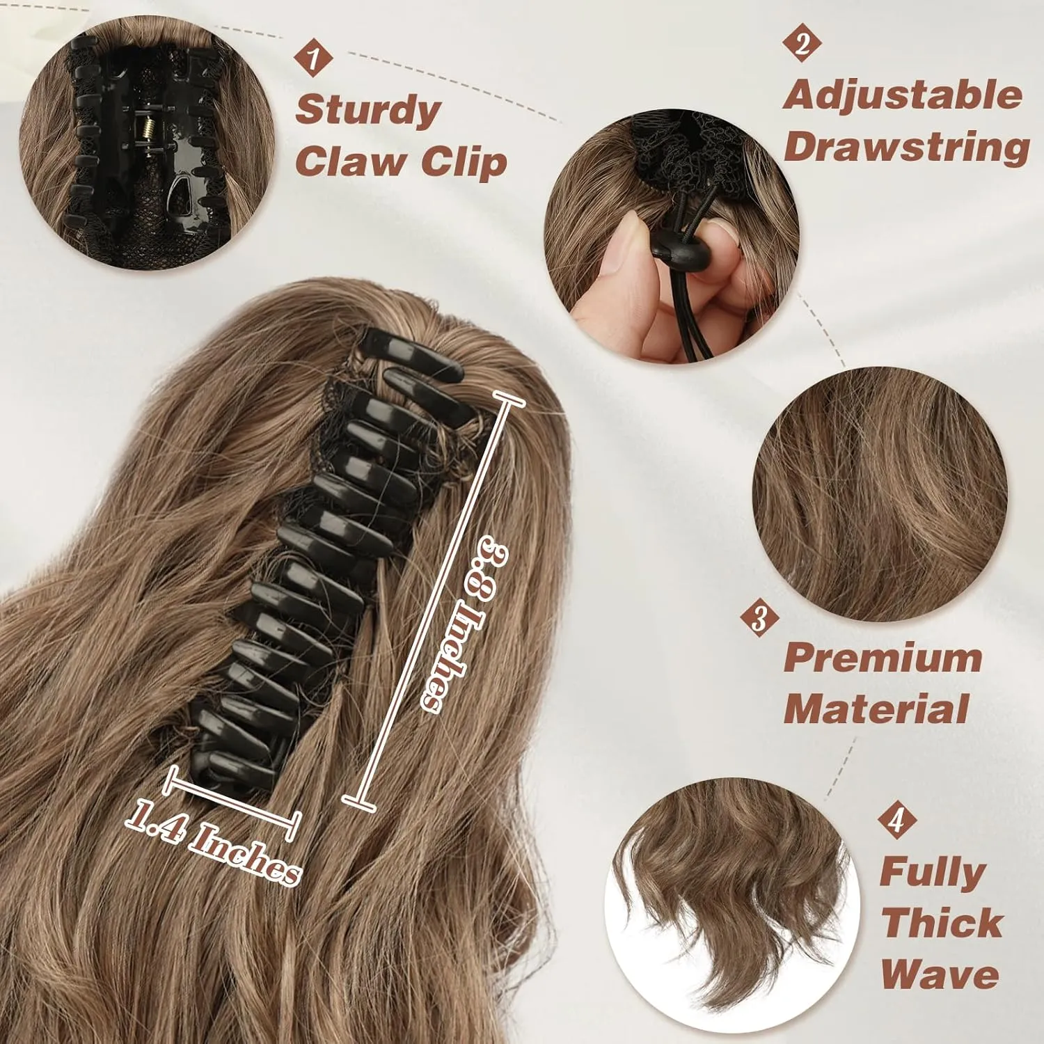 BARSDAR Claw Clip in Ponytail Extensions - 14 Inch Short Wavy Brown Ponytail Hair Extensions for Women - Synthetic Claw Clip in Pony Tails Hairpieces - Brown Mixed