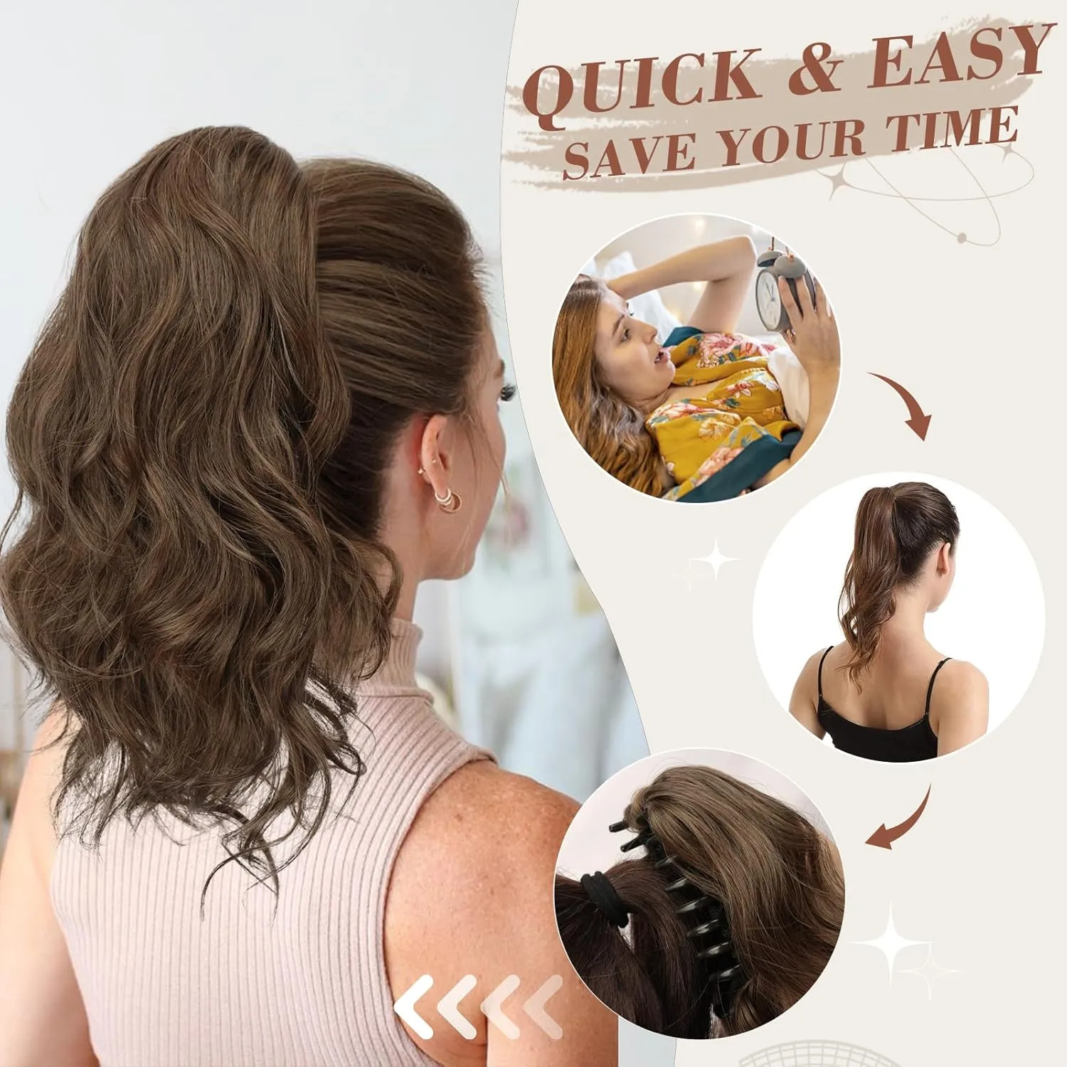 BARSDAR Claw Clip in Ponytail Extensions - 14 Inch Short Wavy Brown Ponytail Hair Extensions for Women - Synthetic Claw Clip in Pony Tails Hairpieces - Brown Mixed