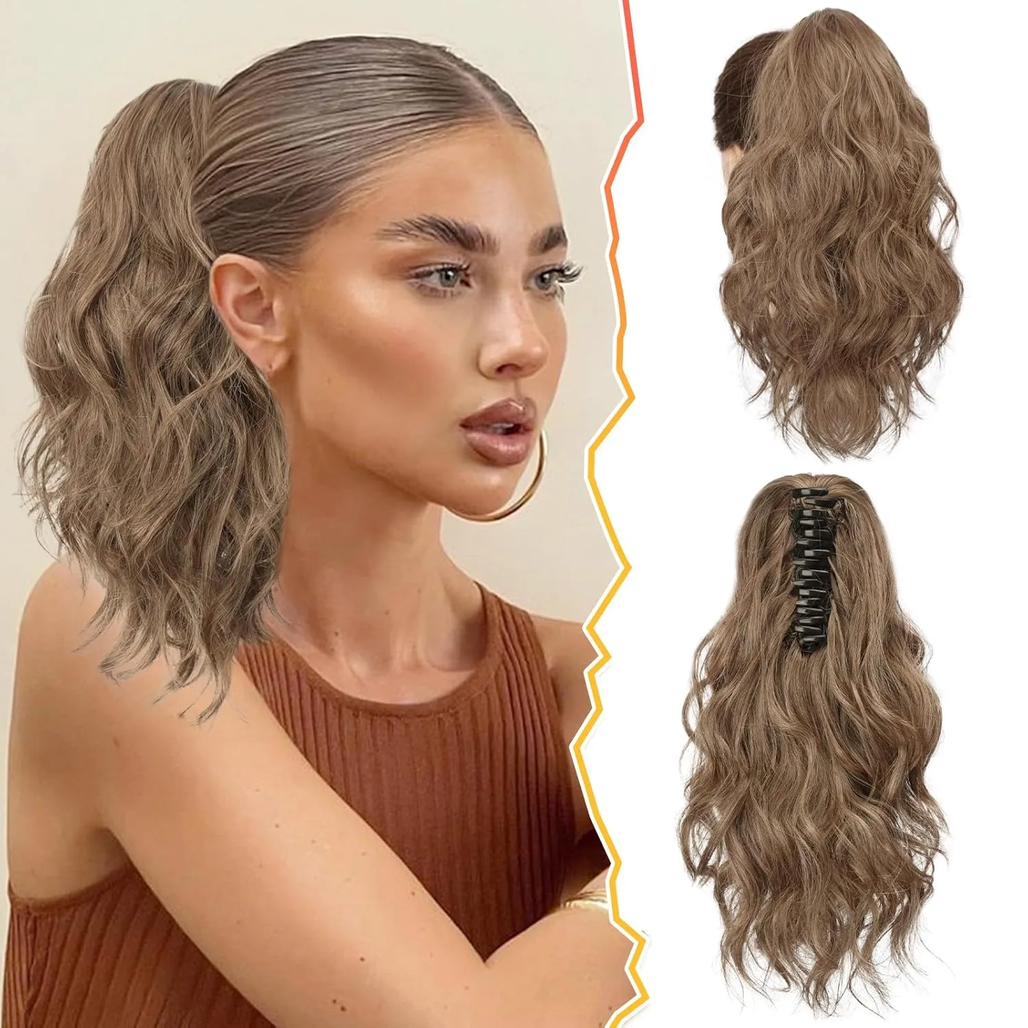 BARSDAR Claw Clip in Ponytail Extensions - 14 Inch Short Wavy Brown Ponytail Hair Extensions for Women - Synthetic Claw Clip in Pony Tails Hairpieces - Brown Mixed