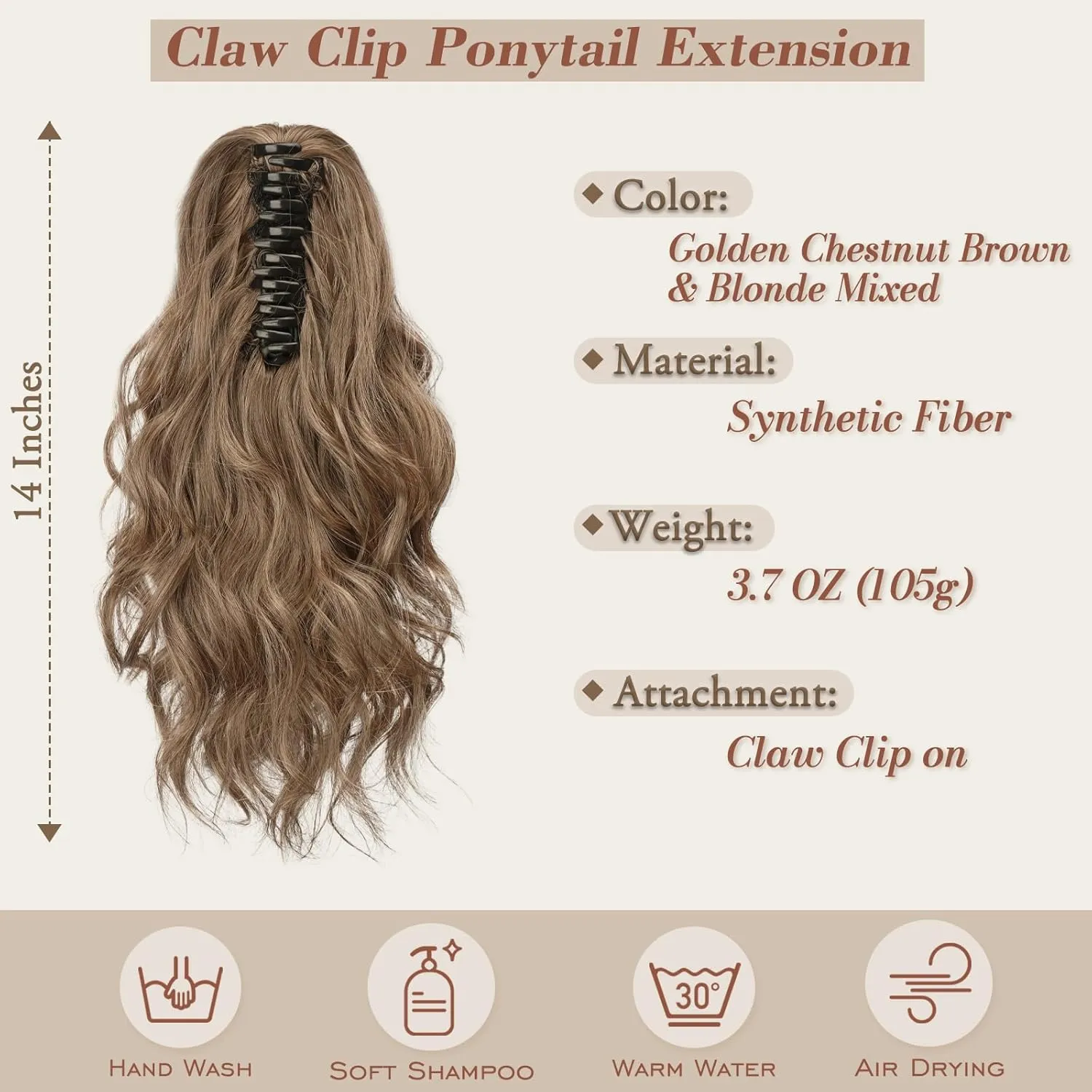 BARSDAR Claw Clip in Ponytail Extensions - 14 Inch Short Wavy Brown Ponytail Hair Extensions for Women - Synthetic Claw Clip in Pony Tails Hairpieces - Brown Mixed