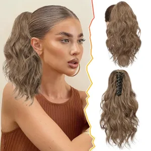 BARSDAR Claw Clip in Ponytail Extensions - 14 Inch Short Wavy Brown Ponytail Hair Extensions for Women - Synthetic Claw Clip in Pony Tails Hairpieces - Brown Mixed