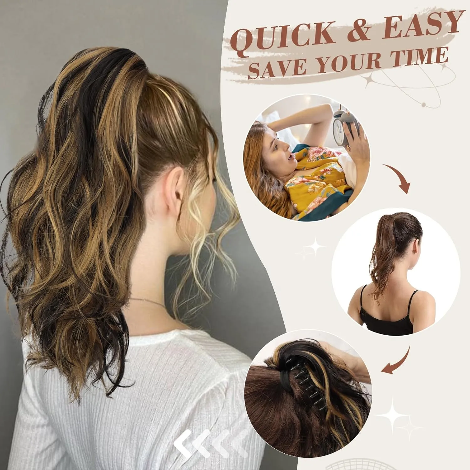 BARSDAR Claw Clip in Ponytail Extensions - 14 Inch Short Wavy Highlight Ponytail Hair Extensions for Women - Synthetic Claw Clip in Pony Tails Hairpieces - Black with Highlights