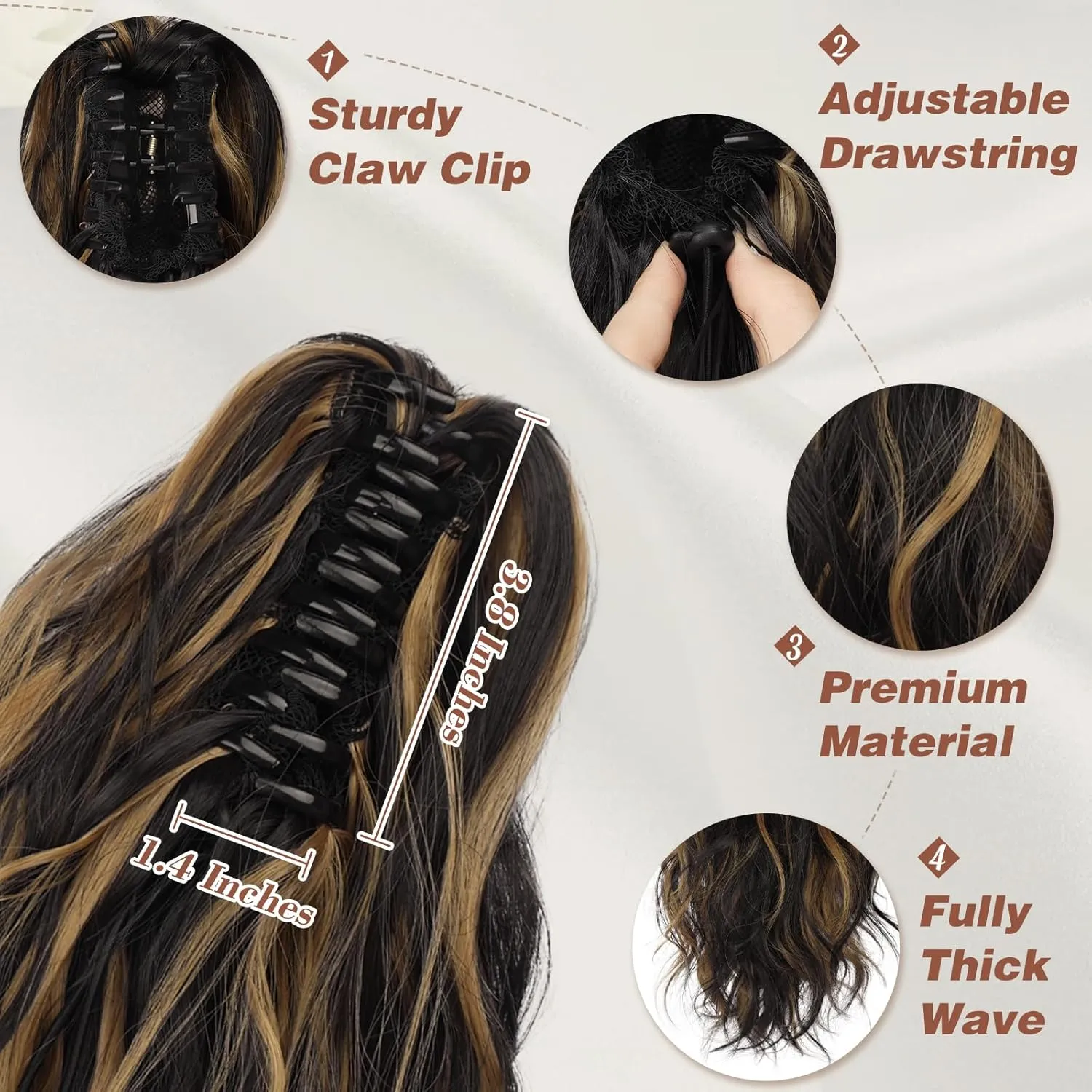 BARSDAR Claw Clip in Ponytail Extensions - 14 Inch Short Wavy Highlight Ponytail Hair Extensions for Women - Synthetic Claw Clip in Pony Tails Hairpieces - Black with Highlights