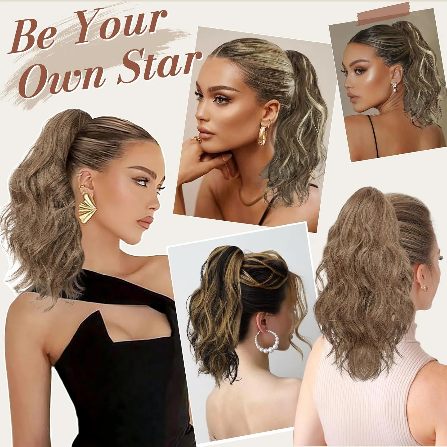 BARSDAR Claw Clip in Ponytail Extensions - 14 Inch Short Wavy Highlight Ponytail Hair Extensions for Women - Synthetic Claw Clip in Pony Tails Hairpieces - Black with Highlights