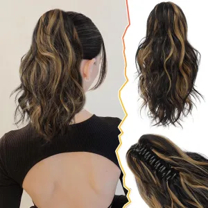BARSDAR Claw Clip in Ponytail Extensions - 14 Inch Short Wavy Highlight Ponytail Hair Extensions for Women - Synthetic Claw Clip in Pony Tails Hairpieces - Black with Highlights