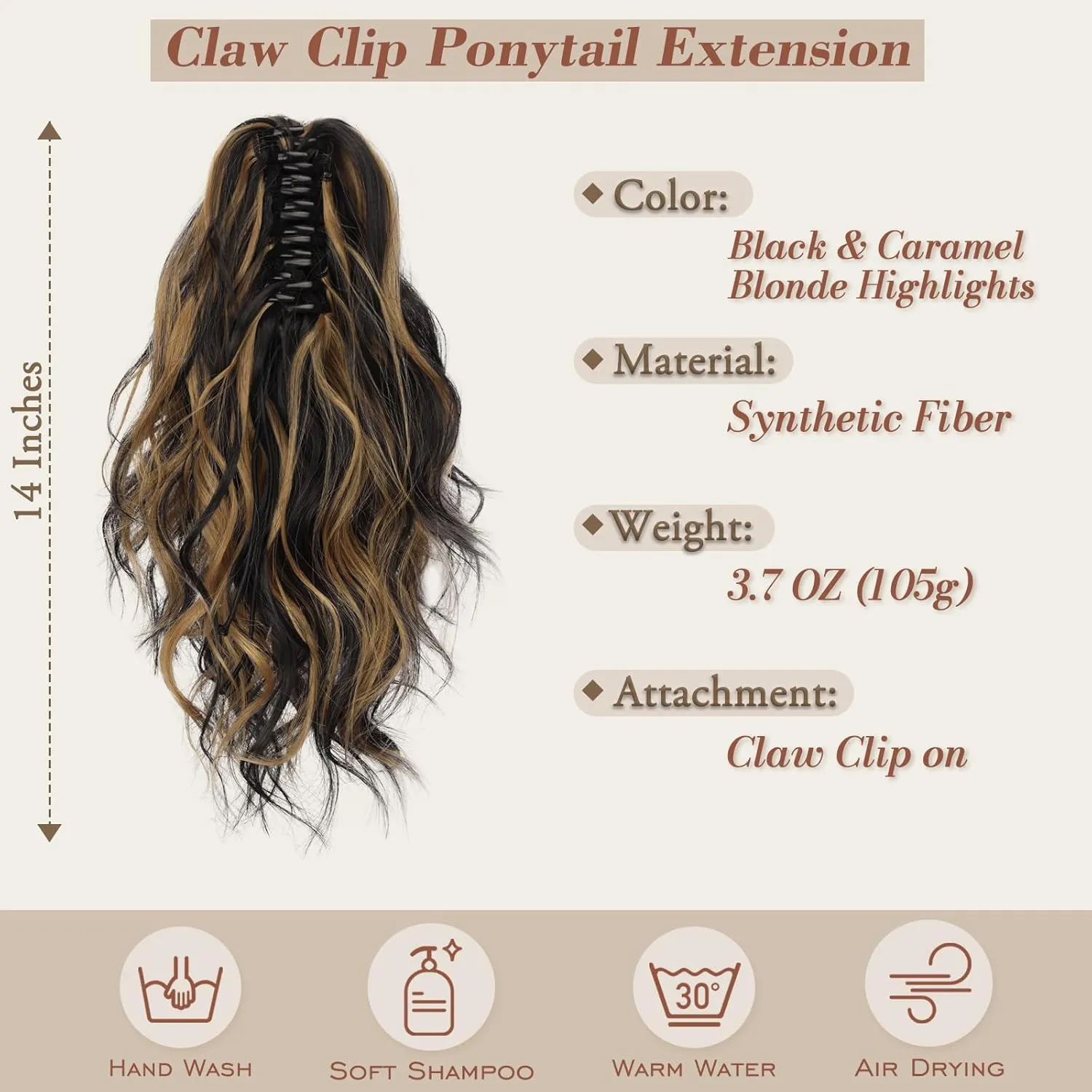 BARSDAR Claw Clip in Ponytail Extensions - 14 Inch Short Wavy Highlight Ponytail Hair Extensions for Women - Synthetic Claw Clip in Pony Tails Hairpieces - Black with Highlights