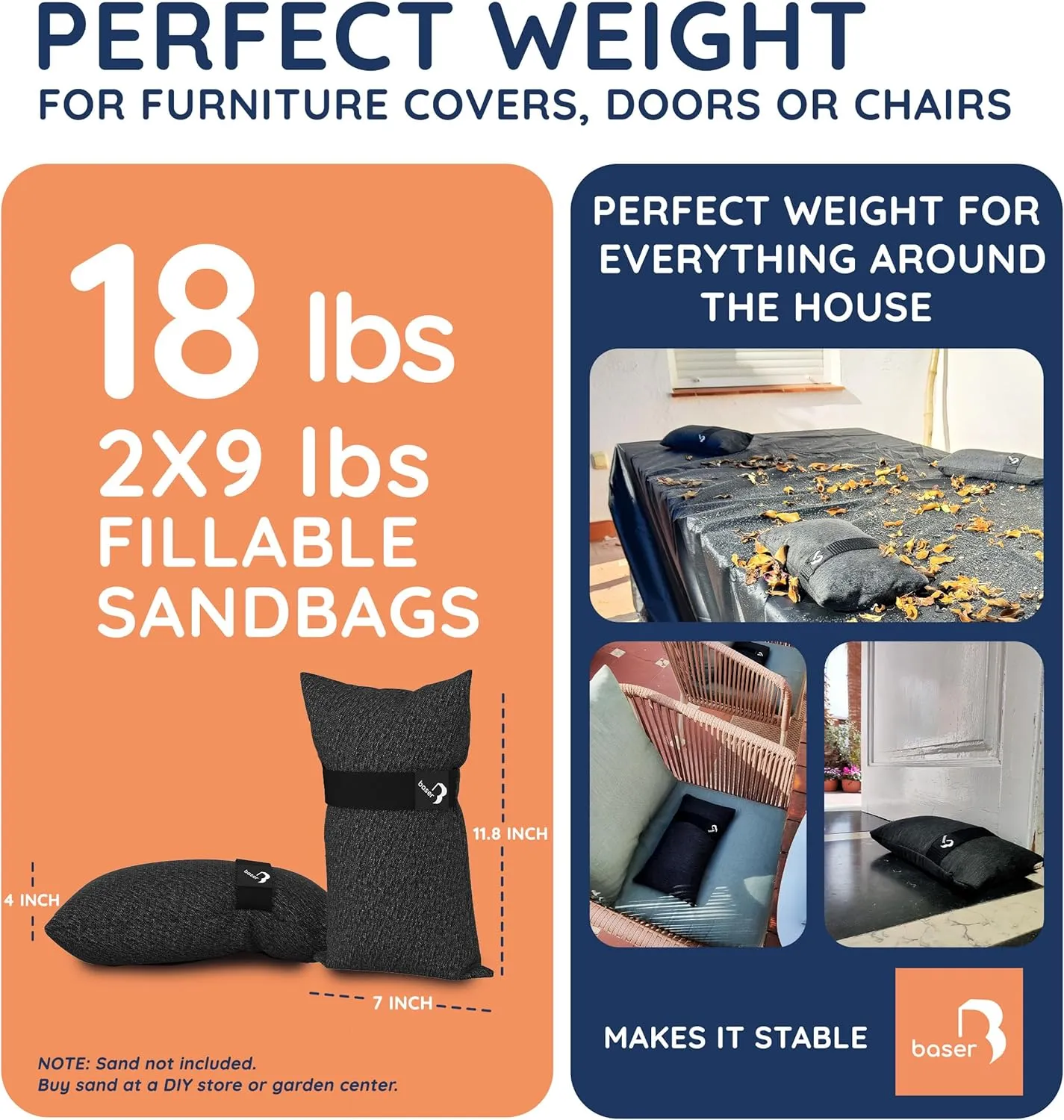 Baser - Outdoor Fillable Straight Weight Bags 2 x 9 LBS fillable for Patio Umbrellas, Cantilevers and Garden Accessories