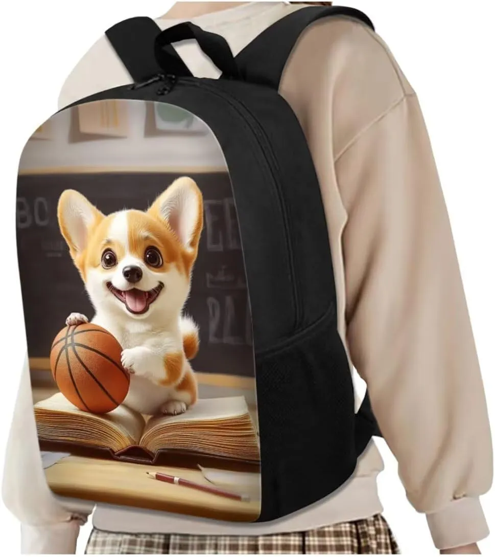 Basketball Corgi Backpack for Girls Middle School Backpack and Lunch Bag Set for Girls Zipper Lightweight Materials 17 Inch Backpack 4-In-1 Efficient System