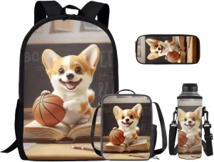 Basketball Corgi Backpack for Girls Middle School Backpack and Lunch Bag Set for Girls Zipper Lightweight Materials 17 Inch Backpack 4-In-1 Efficient System