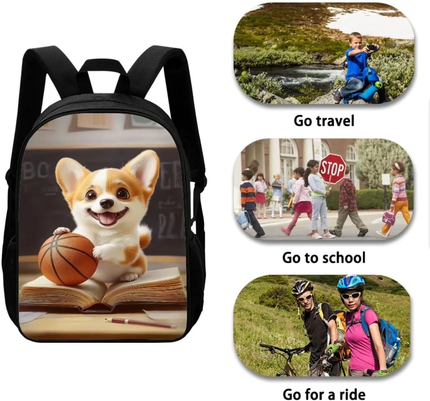 Basketball Corgi Backpack for Girls Middle School Backpack and Lunch Bag Set for Girls Zipper Lightweight Materials 17 Inch Backpack 4-In-1 Efficient System