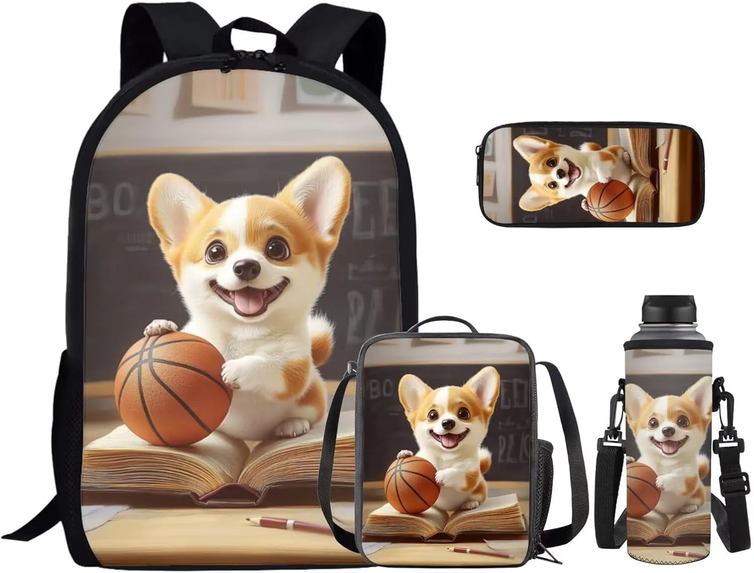 Basketball Corgi Backpack for Girls Middle School Backpack and Lunch Bag Set for Girls Zipper Lightweight Materials 17 Inch Backpack 4-In-1 Efficient System