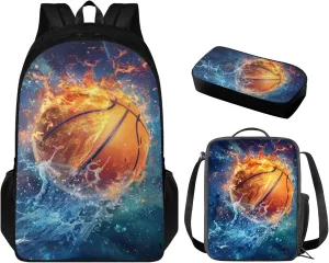Basketball School Bag Set Laptop Backpack Lunch Bag Pencil Case Book Bag for Girls Travel Backpack Kids Primary Middle School Bags Child Bookbags Zipper Closure