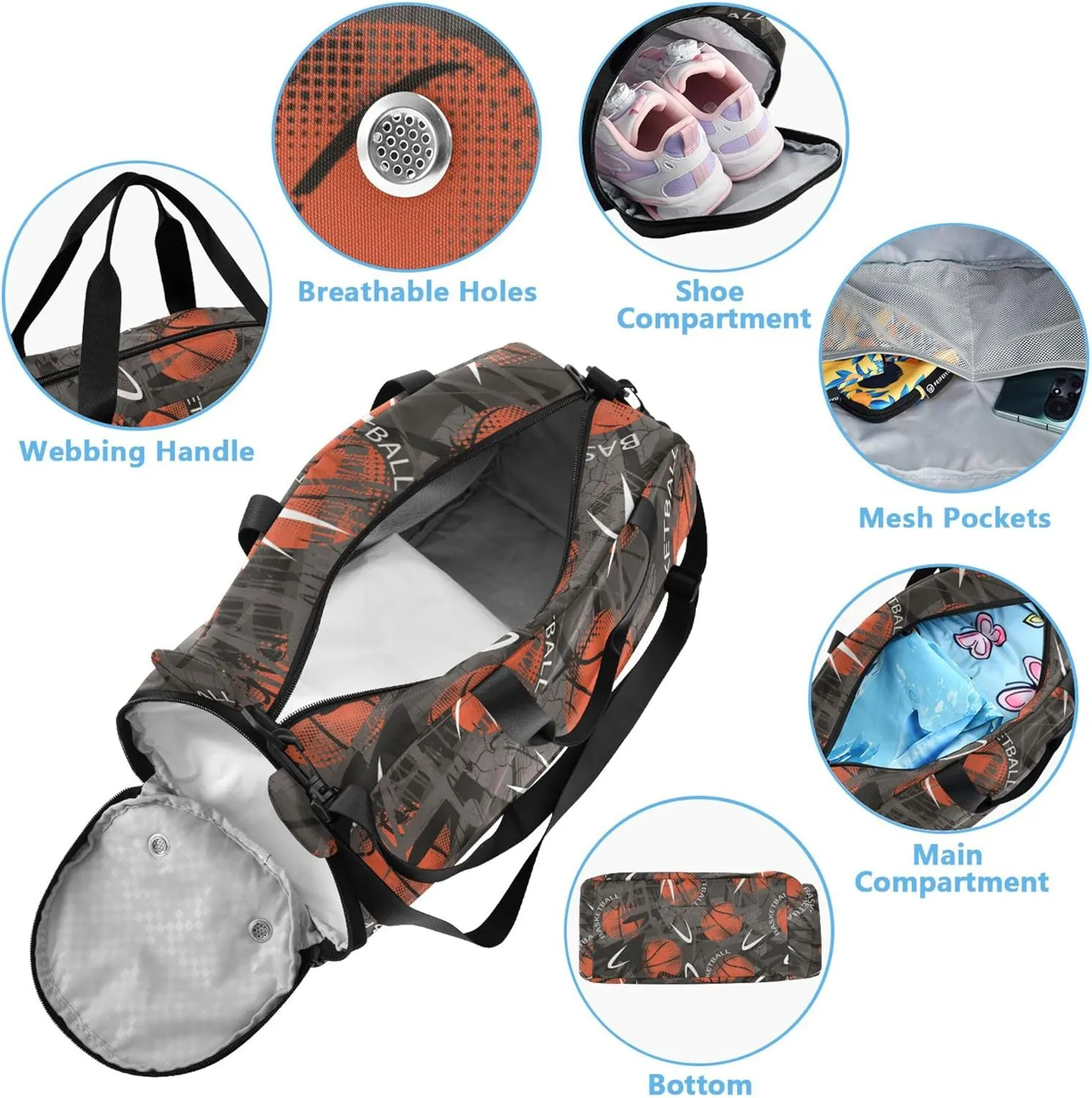 Basketball Theme Boy's Gym Duffel Bag with Shoes Compartment Lightweight Carry On Bag for Beach Swim Bags Pool Sports