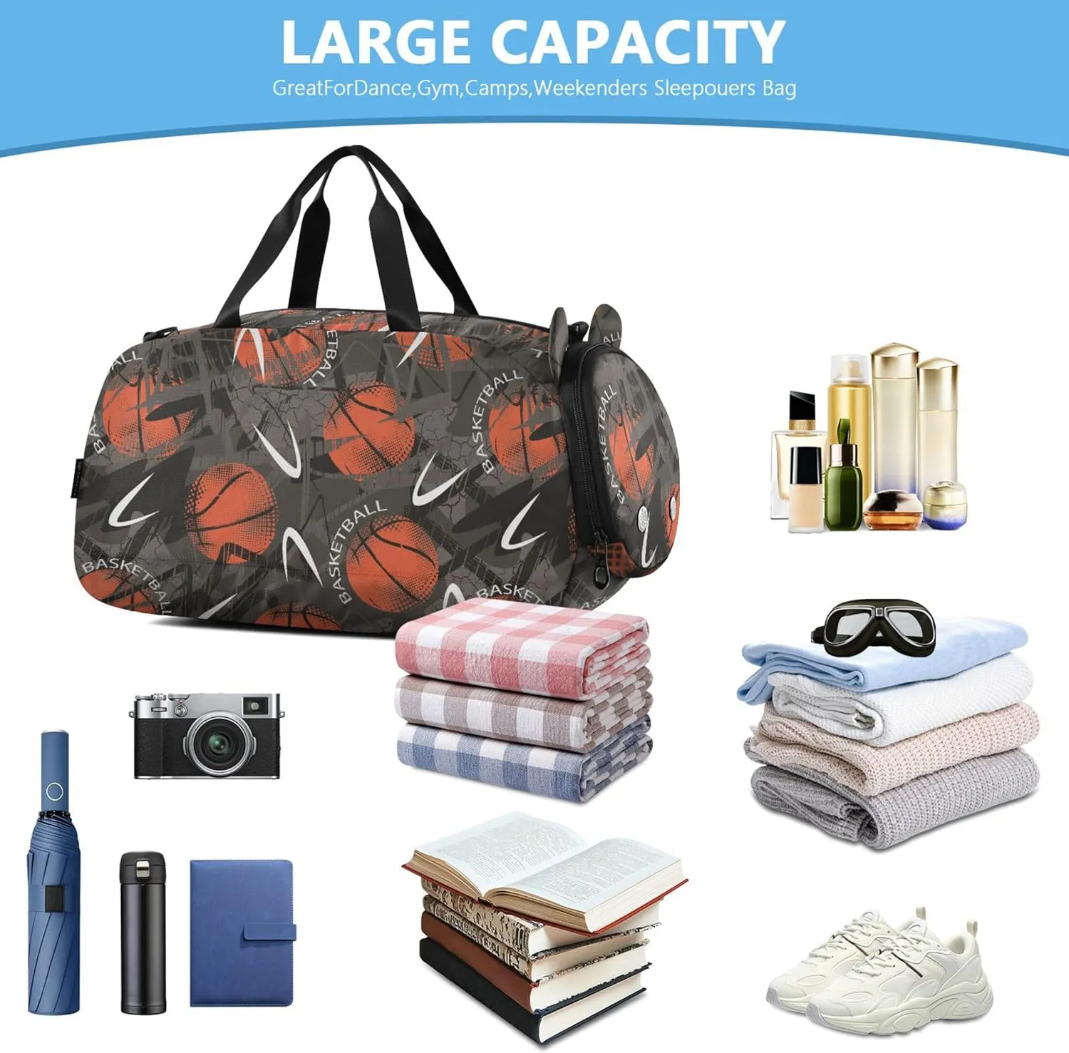 Basketball Theme Boy's Gym Duffel Bag with Shoes Compartment Lightweight Carry On Bag for Beach Swim Bags Pool Sports