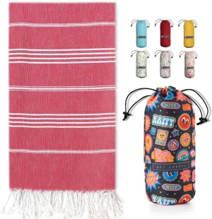 BAY LAUREL Turkish Beach Towel with Travel Bag 39 x 71 Quick Dry Sand Free Lightweight Large Oversized Towels Light (Red with Mix Black)