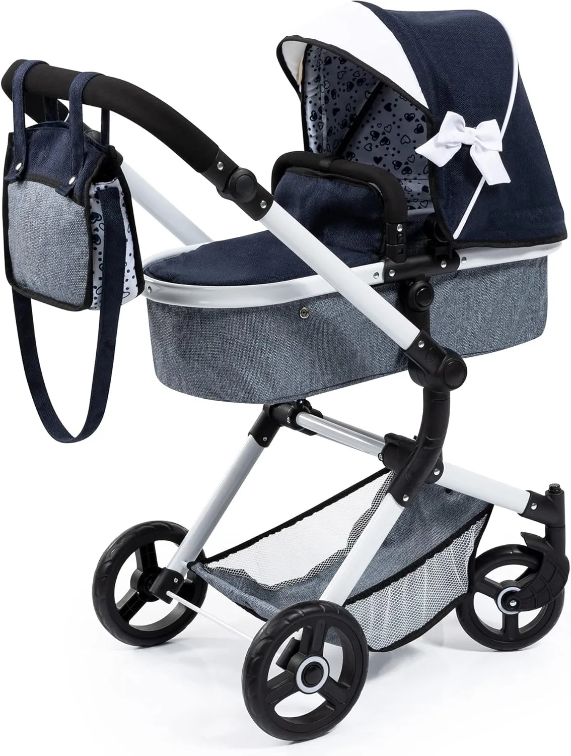 Bayer Design Dolls: Pram Neo Vario - Blue, Grey, White - Includes Shoulder Bag, Fits Dolls Up to 20.5", Convertible to A Pushchair, Adjustable & Reversible Handle, Swivel Front Wheels, Ages 3 
