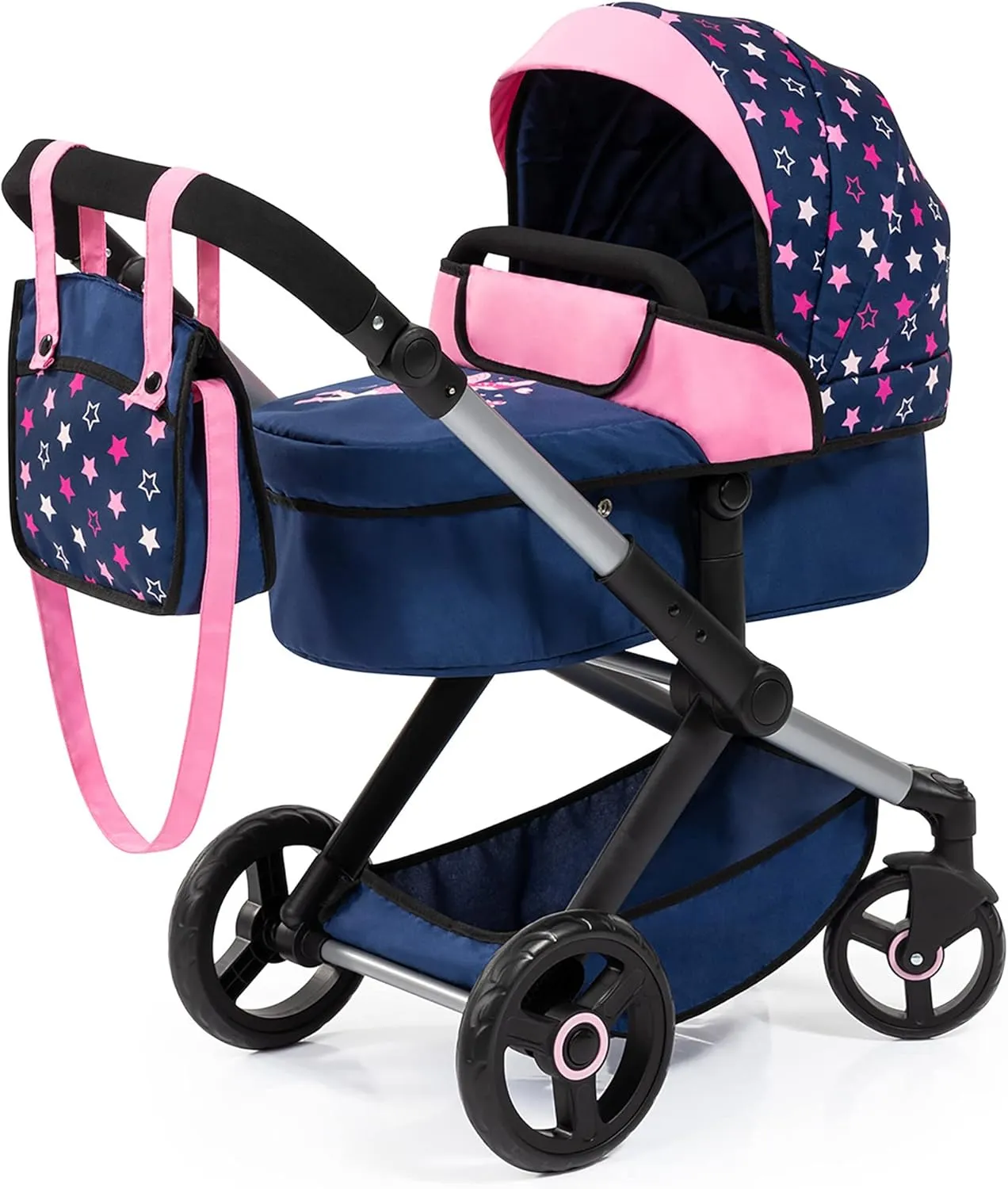 Bayer Design Dolls: Pram Xeo - Blue, Pink, Stars - Includes Shoulder Bag, Fits Dolls Up to 18", Convertible to A Pushchair, Adjustable Handle & Swivel Front Wheels, Integrated Basket, Ages 3 