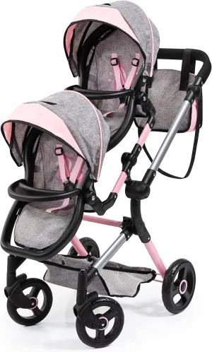 Bayer Twin Doll Pram Neo, Grey, Pink with Butterfly, Jean Look