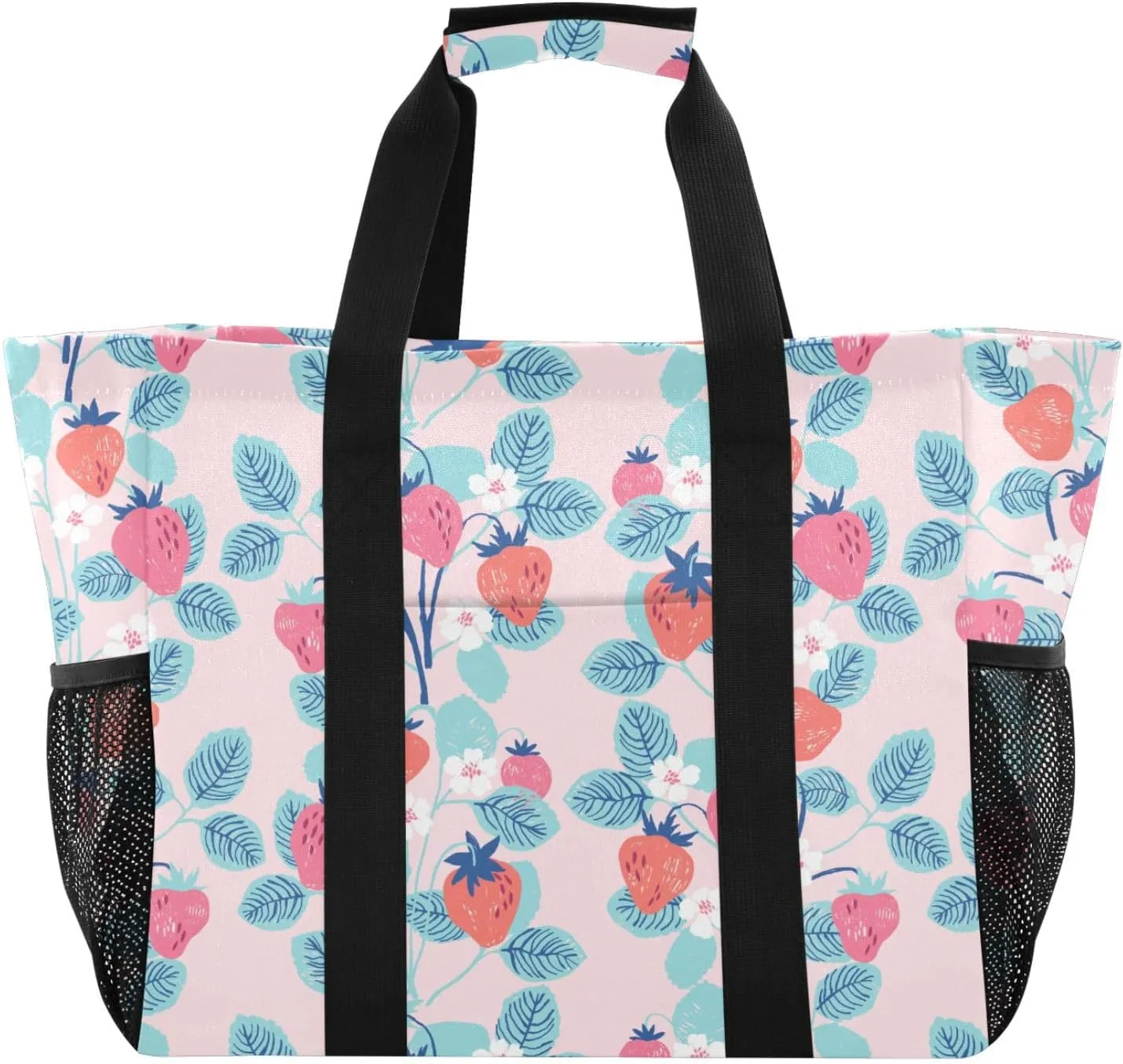 Beach Bag for Women Strawberry Leaves Flower Canvas Tote Bag Sandproof Large Pool Bags with Pocket for Beach Pool Travel Gym