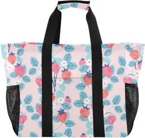 Beach Bag for Women Strawberry Leaves Flower Canvas Tote Bag Sandproof Large Pool Bags with Pocket for Beach Pool Travel Gym