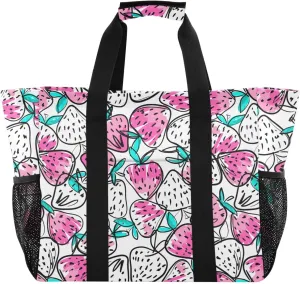 Beach Bag for Women Strawberry Sketch Large Tote Bag with Pocket Sandproof Canvas Pool Bags for Beach Travel Gym Pool