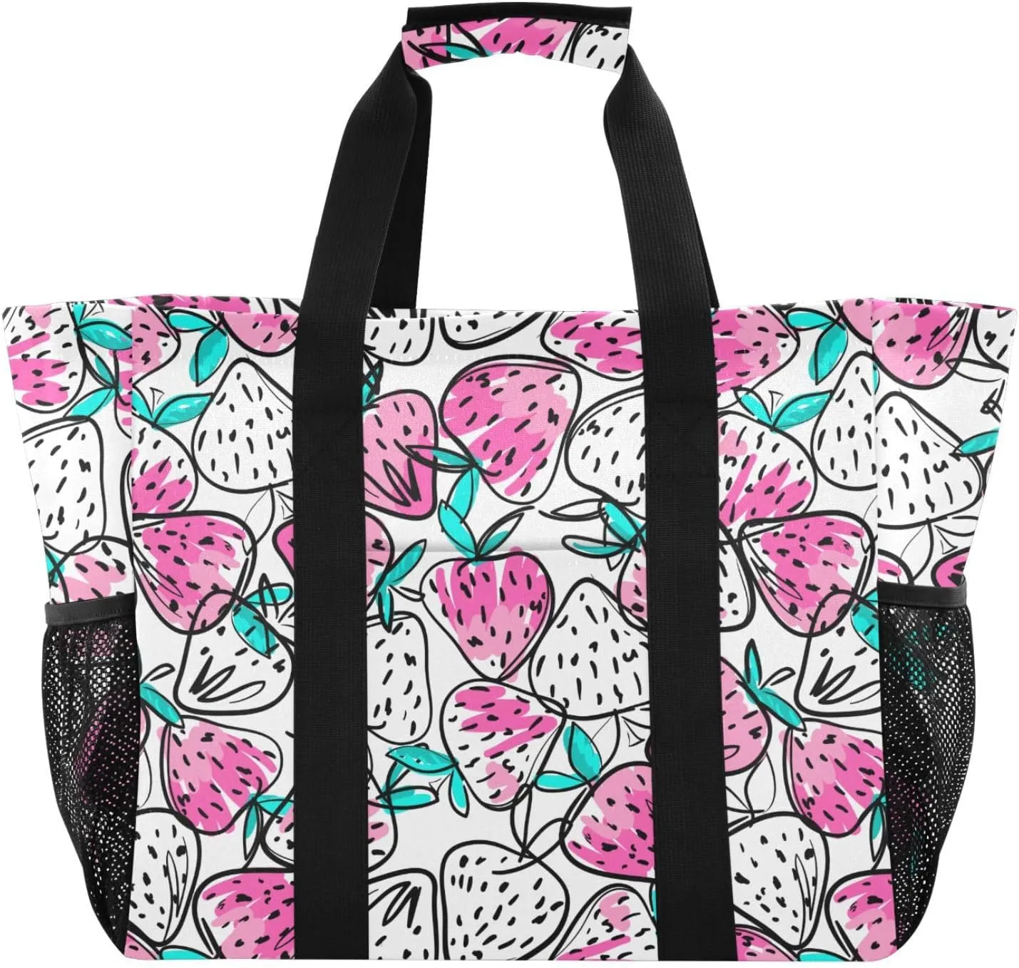 Beach Bag for Women Strawberry Sketch Large Tote Bag with Pocket Sandproof Canvas Pool Bags for Beach Travel Gym Pool