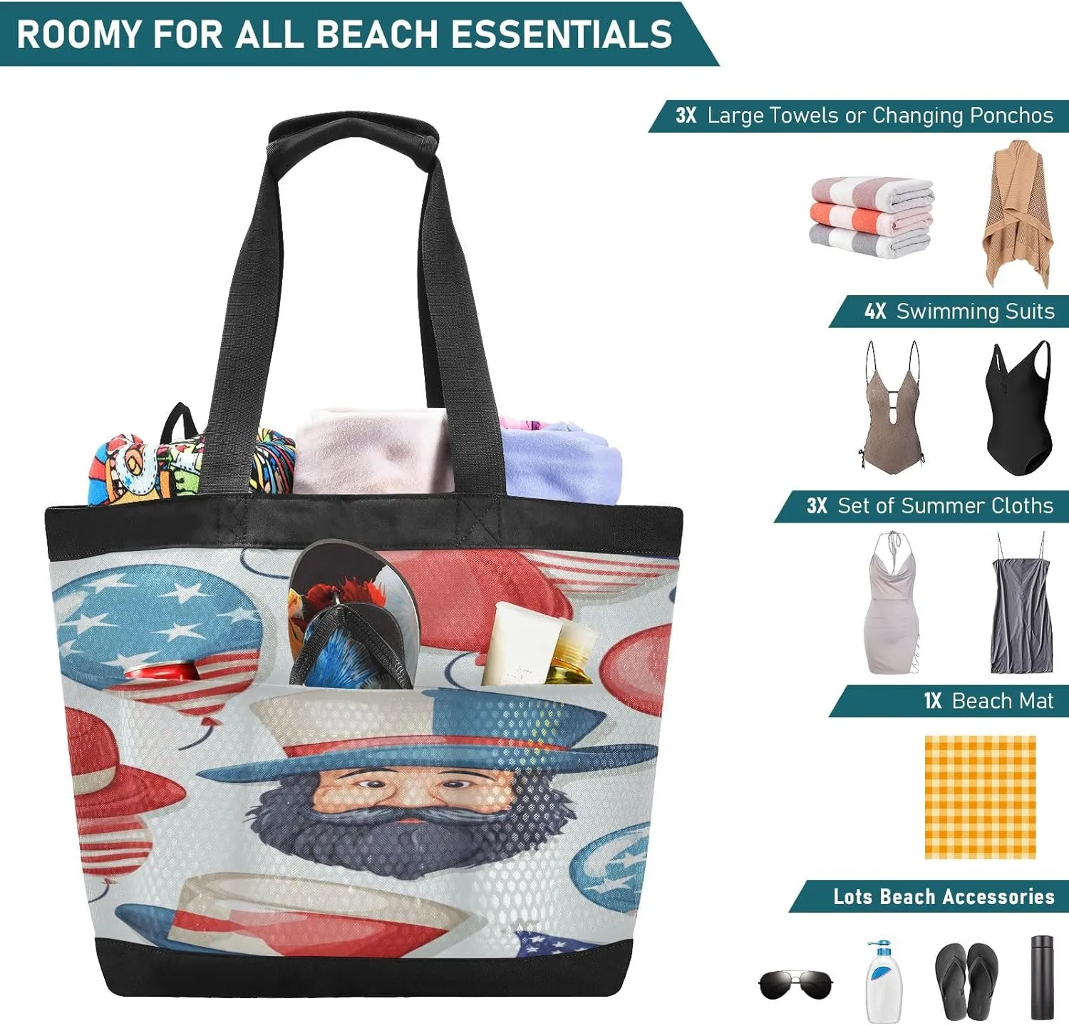 Beach Bag for Women Waterproof Sandproof Mesh Beach Tote Bag with Zipper and Pockets 1F