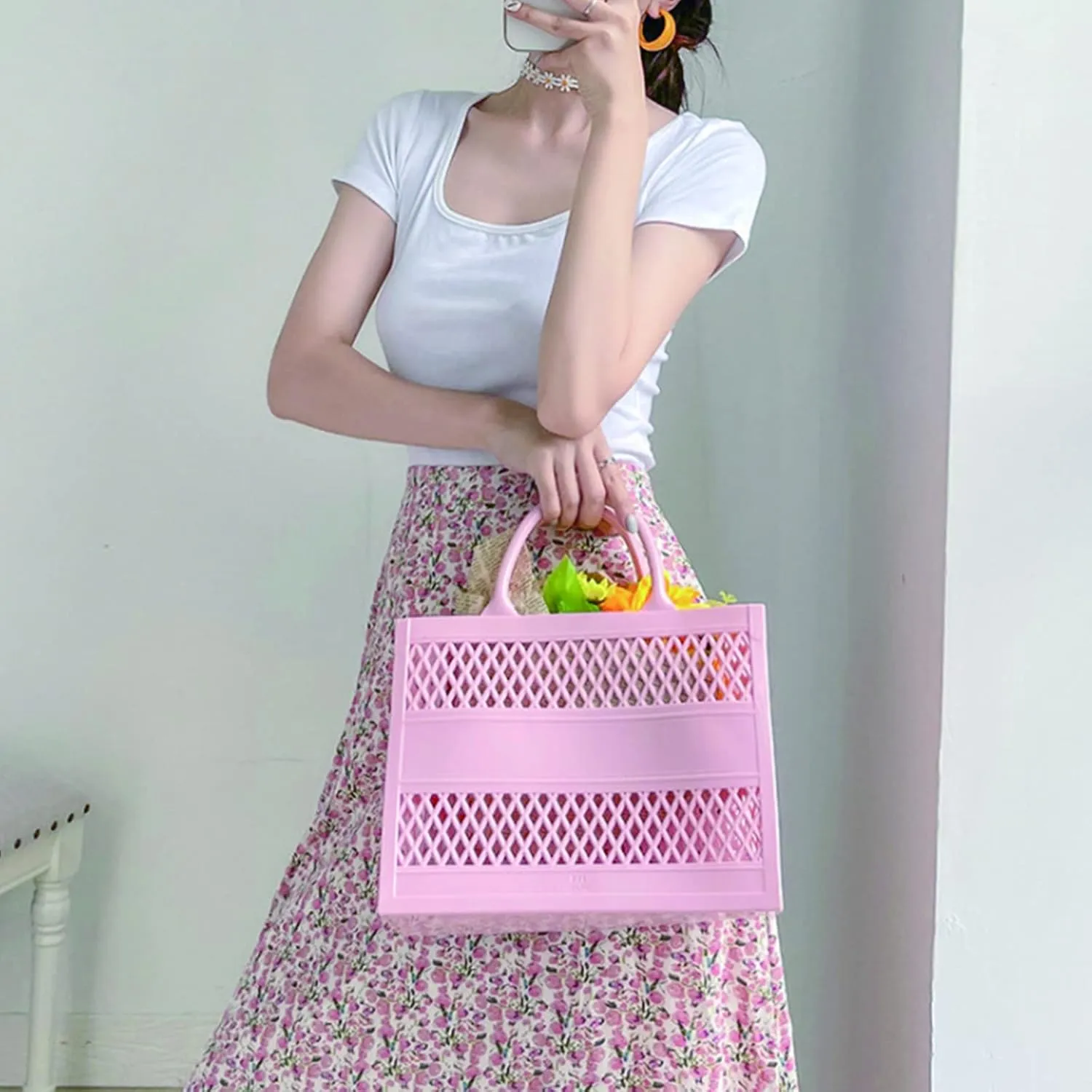 Beach Bag, Jelly Beach Bag Plastic Basket Purse, Flower Tote Bag Aesthetic, Gift Bag for Kids,Girls, Women