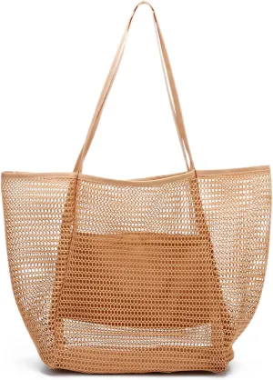 Beach Bag Mesh Tote Bag Lightweight Foldable Beach Tote with Zipper Pocket for Women Vacation Beach Pool Trip