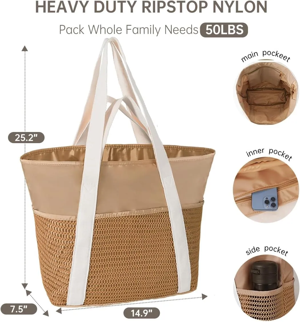 Beach Bag-Travel Tote Bags for Women with Zipper Waterproof Sandproof Beachs totes for Family Vacation Essential