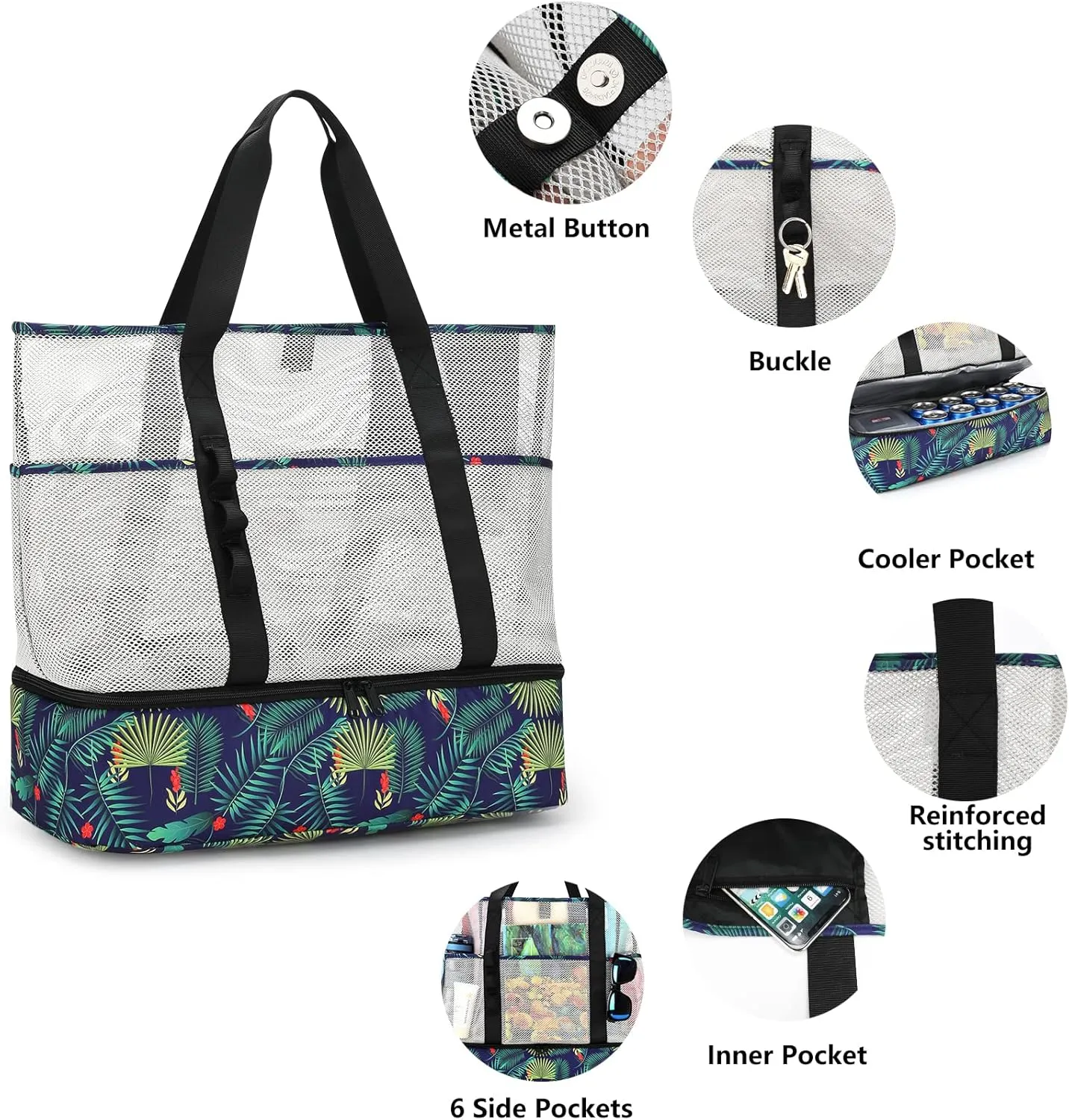 Beach Bag with Cooler,Mesh Beach Bags for Women Sandproof for Pool and Swimming Travel Daily with Durable 8 Pocket
