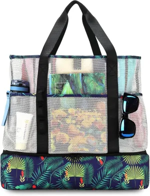 Beach Bag with Cooler,Mesh Beach Bags for Women Sandproof for Pool and Swimming Travel Daily with Durable 8 Pocket
