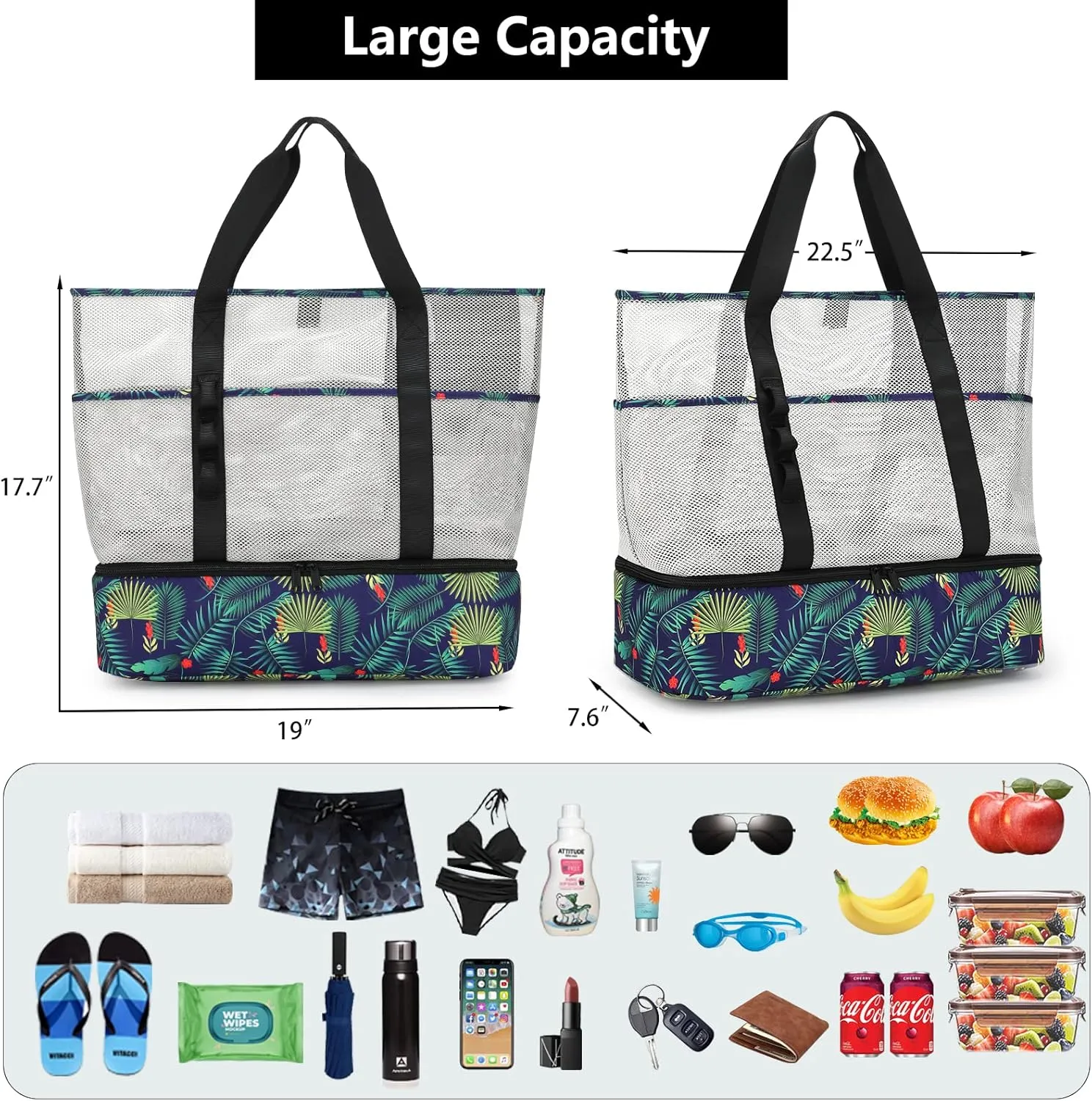 Beach Bag with Cooler,Mesh Beach Bags for Women Sandproof for Pool and Swimming Travel Daily with Durable 8 Pocket