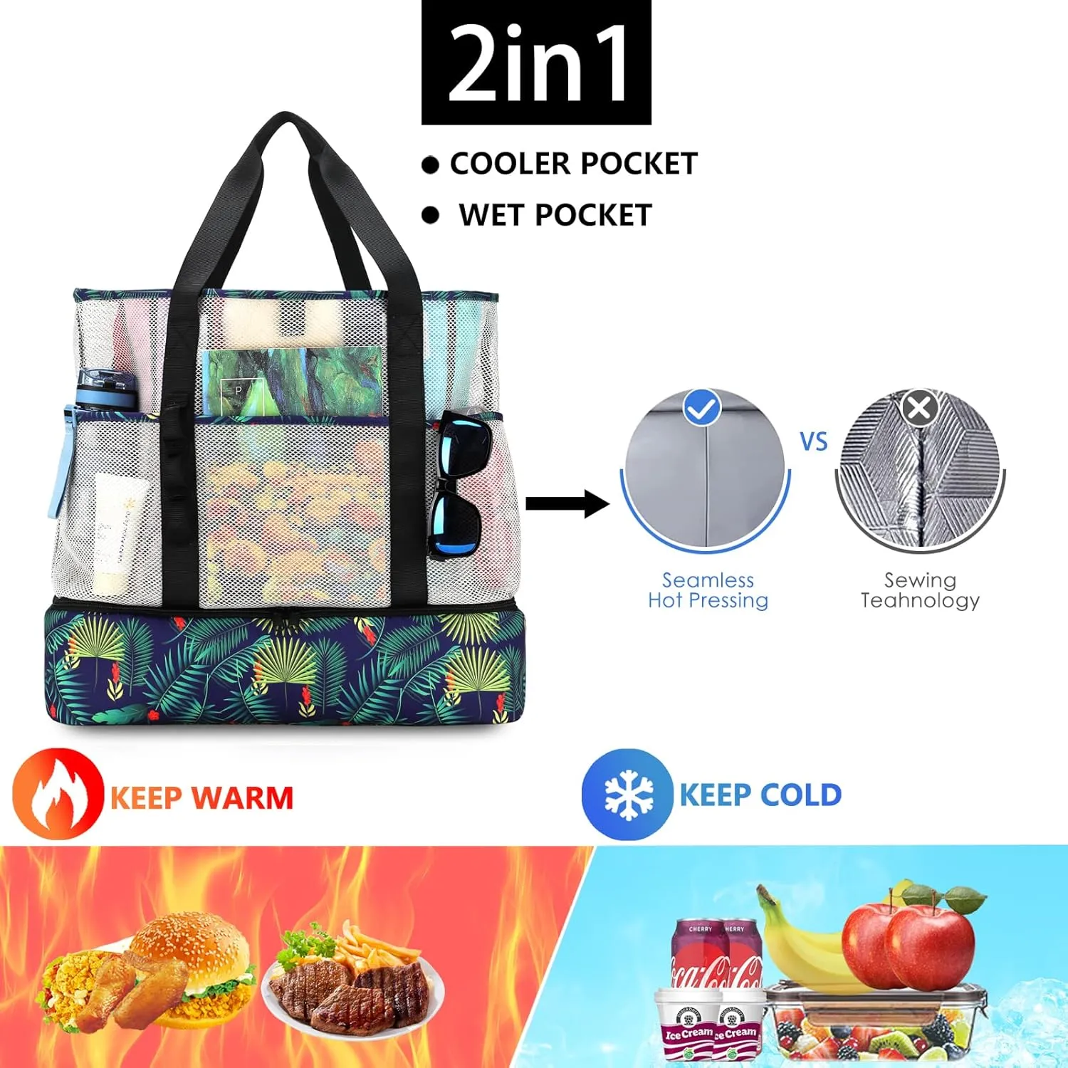 Beach Bag with Cooler,Mesh Beach Bags for Women Sandproof for Pool and Swimming Travel Daily with Durable 8 Pocket