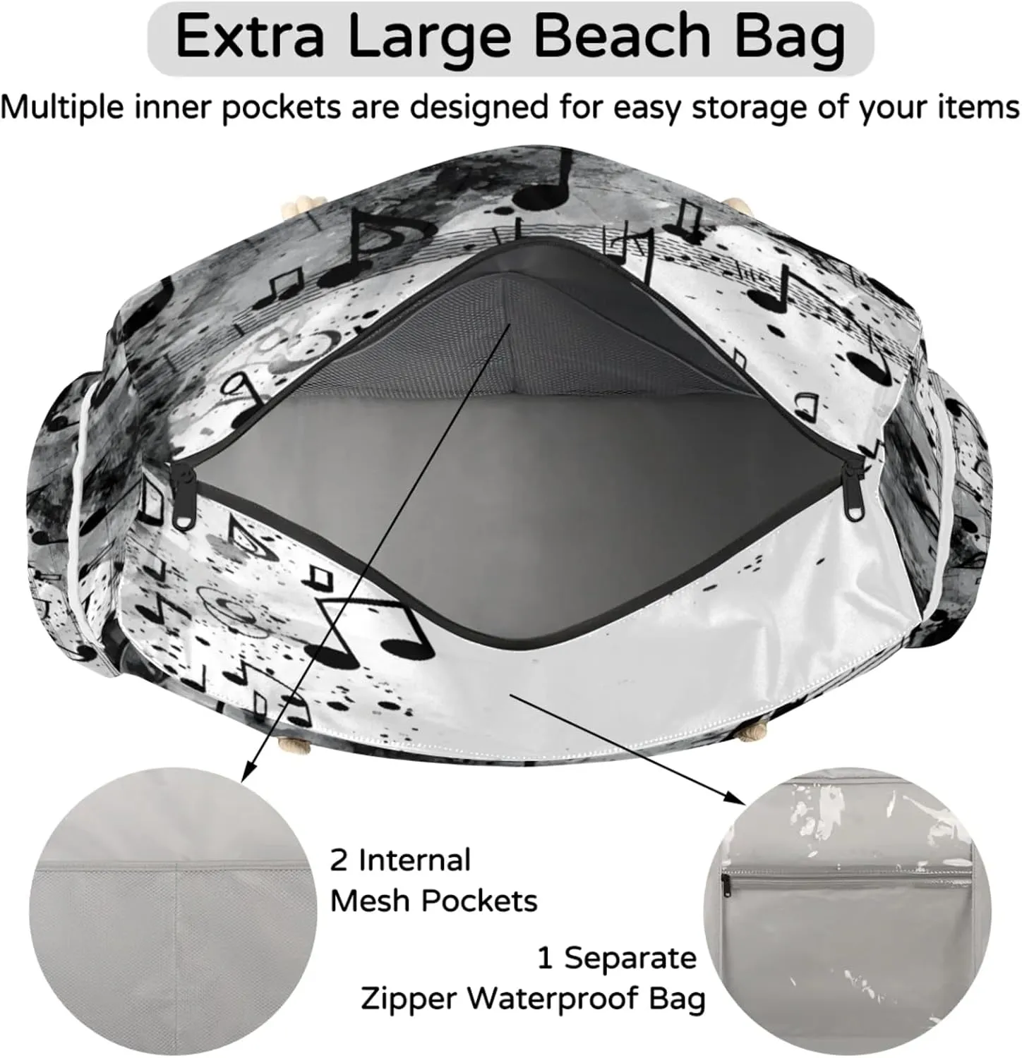 Beach Bags for Women and Men Extra Large Waterproof Sandproof Zipper Travel Tote Bag