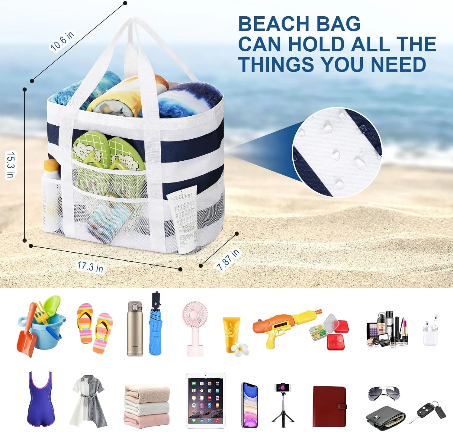 Beach Bags for Women - Large Tote Bags Waterproof Sandproof, Mesh Bag for Vacation Beach Tote Bag Pool Tote