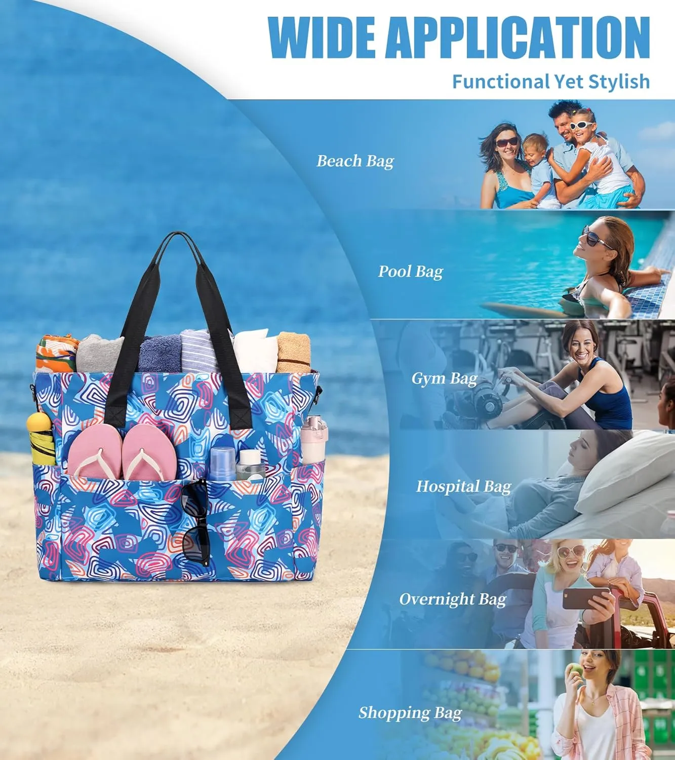 Beach Bags for Women, Large Waterproof Sandproof Swim Pool Bag with Dry Wet Seperated Pocket Utility Tote Bag