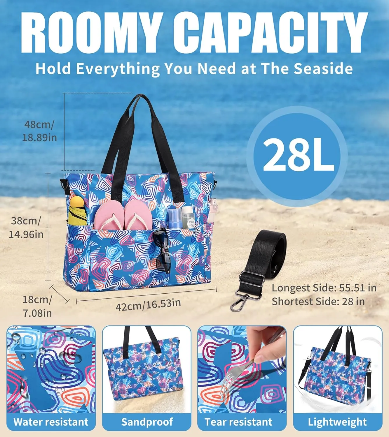 Beach Bags for Women, Large Waterproof Sandproof Swim Pool Bag with Dry Wet Seperated Pocket Utility Tote Bag