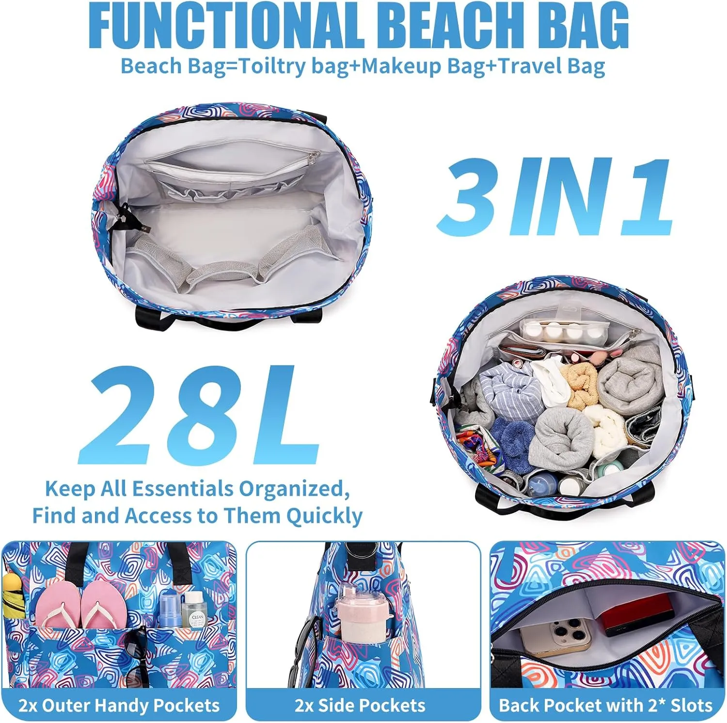 Beach Bags for Women, Large Waterproof Sandproof Swim Pool Bag with Dry Wet Seperated Pocket Utility Tote Bag