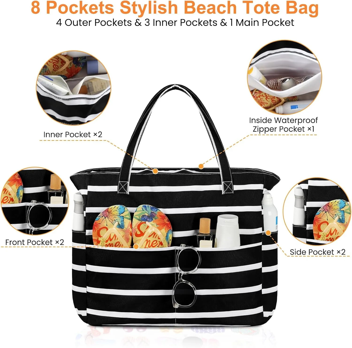 Beach Bags for Women Waterproof Sandproof Women Tote Bag, Large Beach Bag with Zipper for Gym Travel Vocation